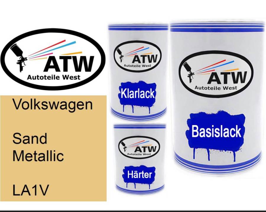 Volkswagen, Sand Metallic, LA1V: 500ml Lackdose + 500ml Klarlack + 250ml Härter - Set, von ATW Autoteile West.